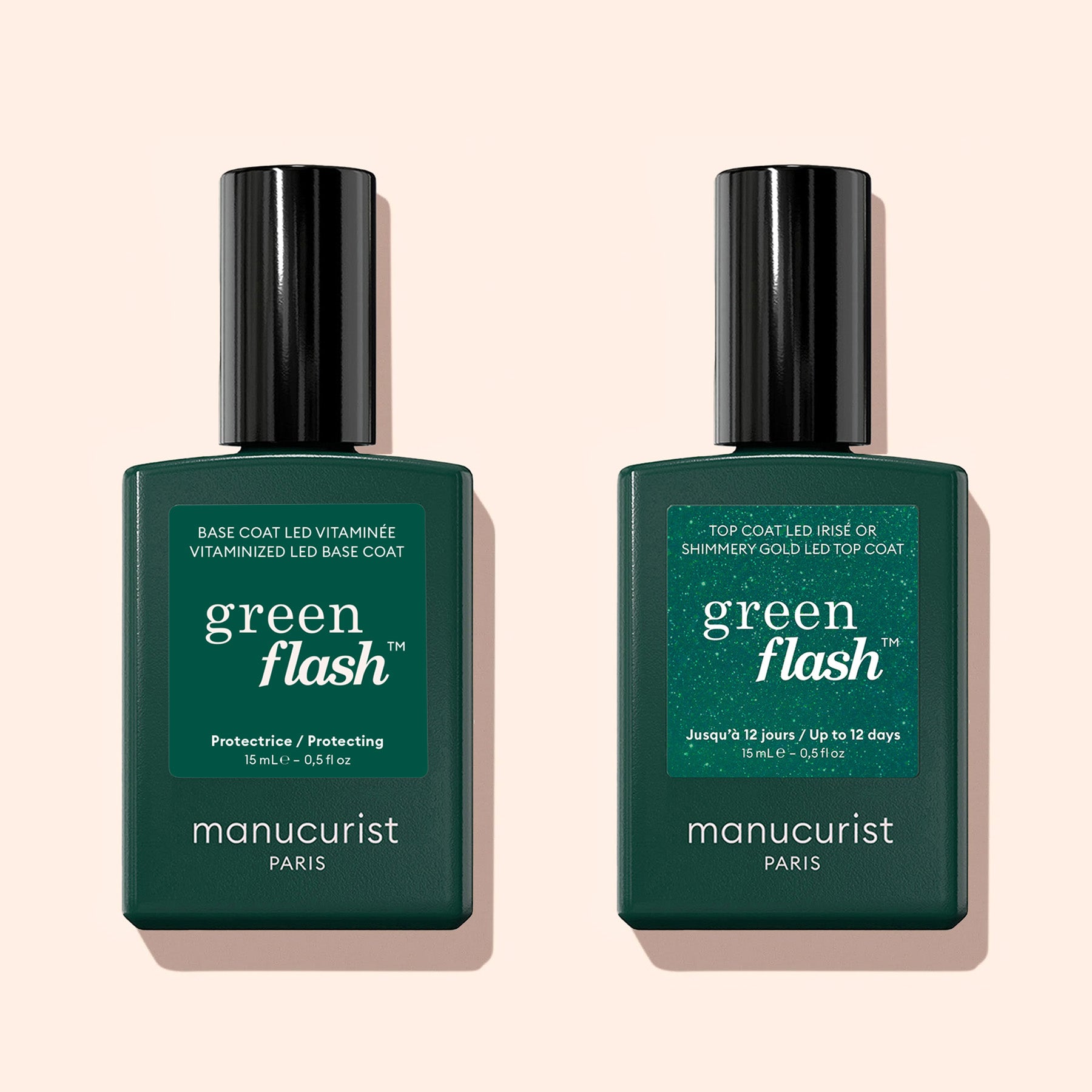 Two Manucurist nail polishes—a base coat and the Glitter Top Coat—are displayed side by side on a beige background. The Glitter Top Coat adds long-lasting gold and silver shimmer to your manicure.