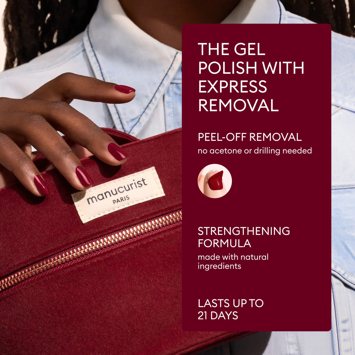 A person with dark red nails holds a matching zippered pouch from the Manucurist Green Flash™ Starter Kit Gift Set next to text describing its peel-off removal, strengthening formula, and 21-day wear.