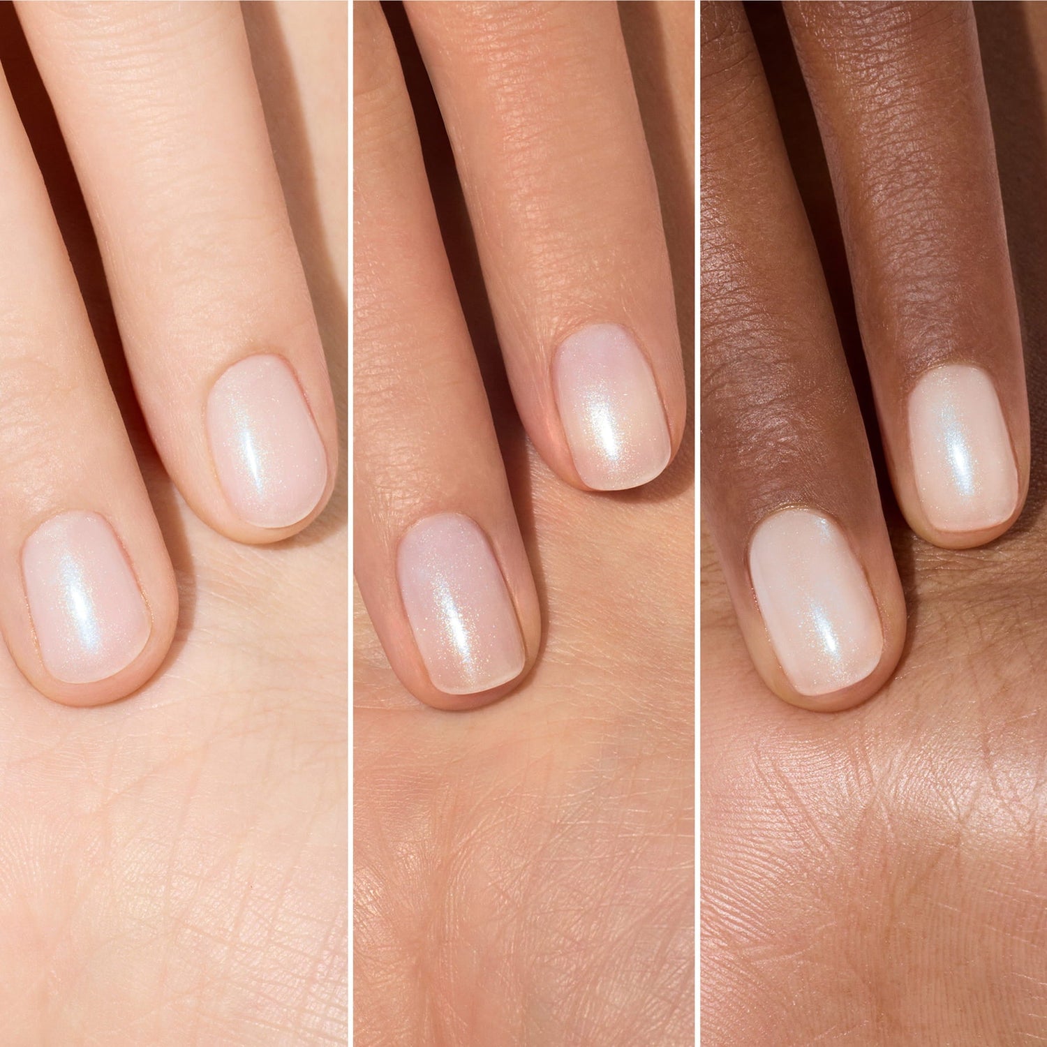 Three hands of varying skin tones display short, manicured nails painted with Manucurist’s Active Plump Aqua Glazed—a sheer, pearlescent white polish—shown side by side to highlight its hydrating, glowing finish.