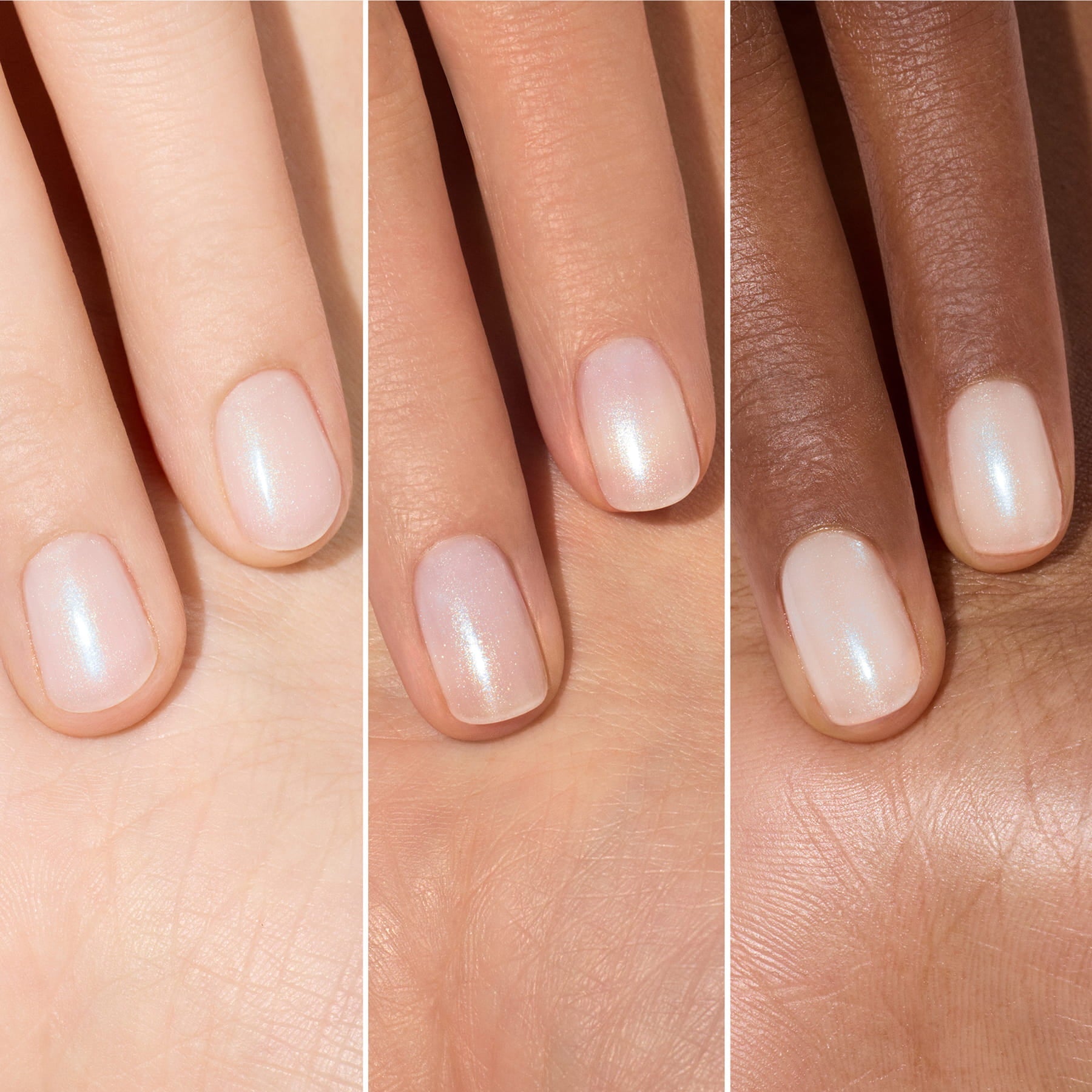 Three hands of varying skin tones display short, manicured nails painted with Manucurist’s Active Plump Aqua Glazed—a sheer, pearlescent white polish—shown side by side to highlight its hydrating, glowing finish.