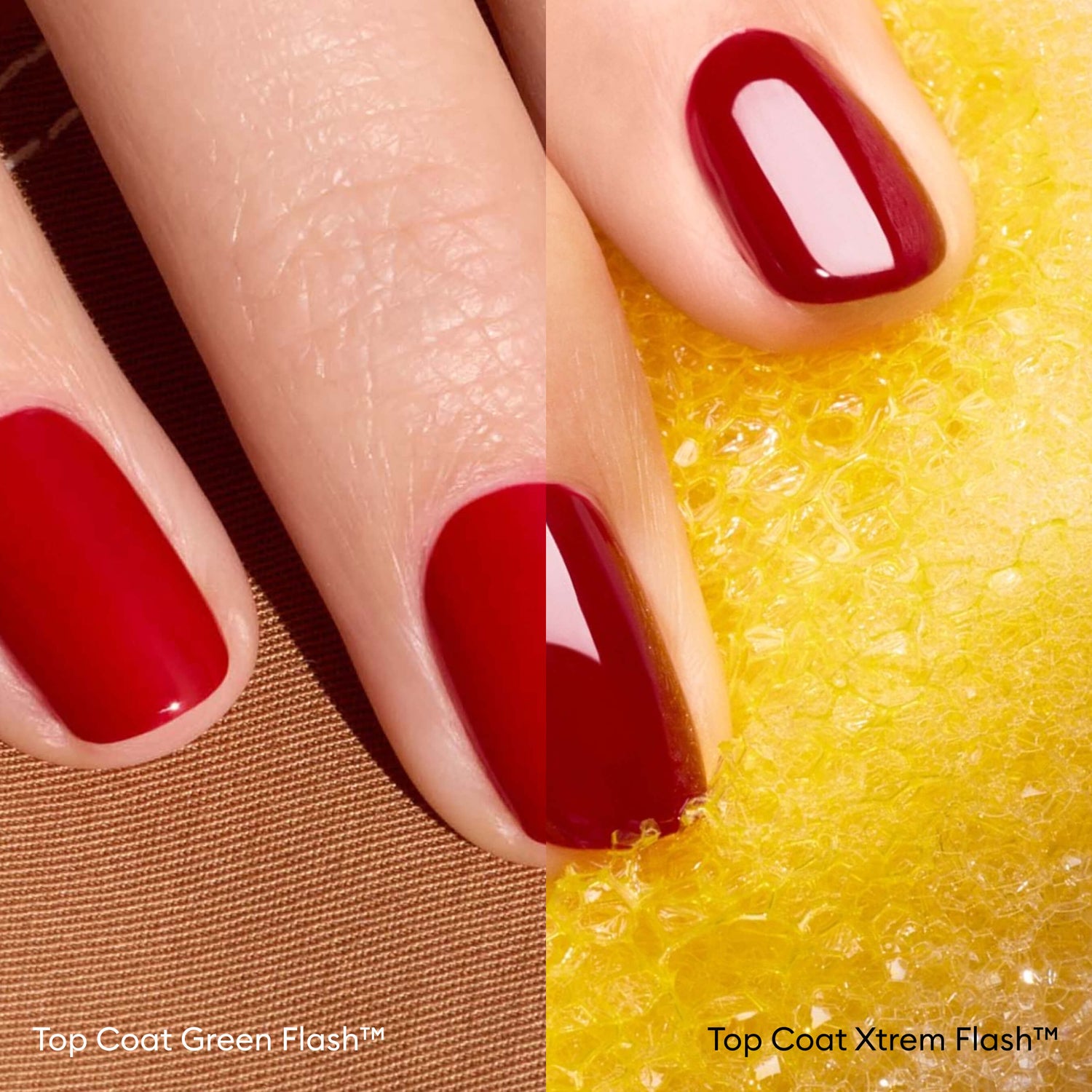 A close-up shows two manicured fingers with glossy red polish from Manucurist&