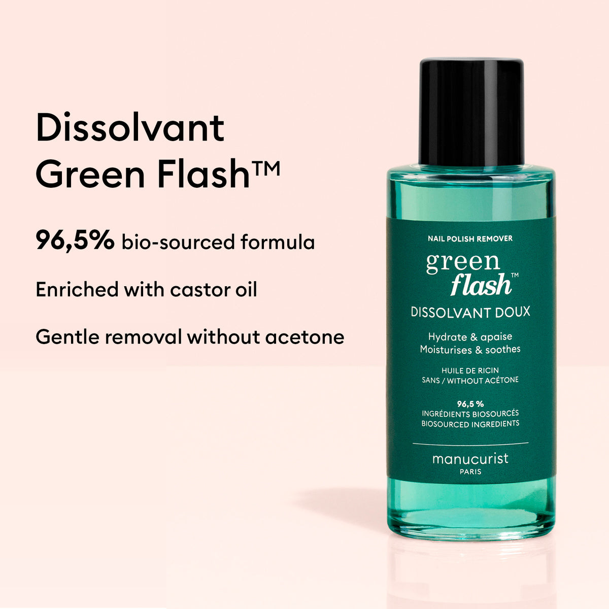 A bottle of Manucurist Green Flash™ Gel Polish Remover stands on a pink background. Text highlights its 96.5% bio-sourced, castor oil-enriched formula for gentle acetone-free gel polish removal.