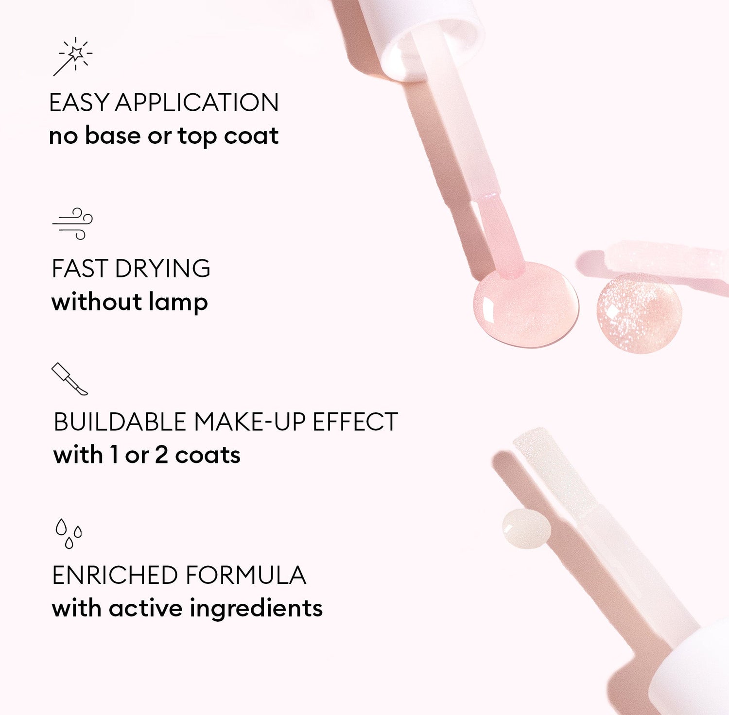 Open bottles of Manucurist Active™ Plump Aqua Glazed nail polish in pink and clear shades are displayed beside text highlighting features such as easy application, fast drying time, a buildable makeup effect, and an enriched formula with active ingredients that hydrate nails and deliver a radiant pearly finish.