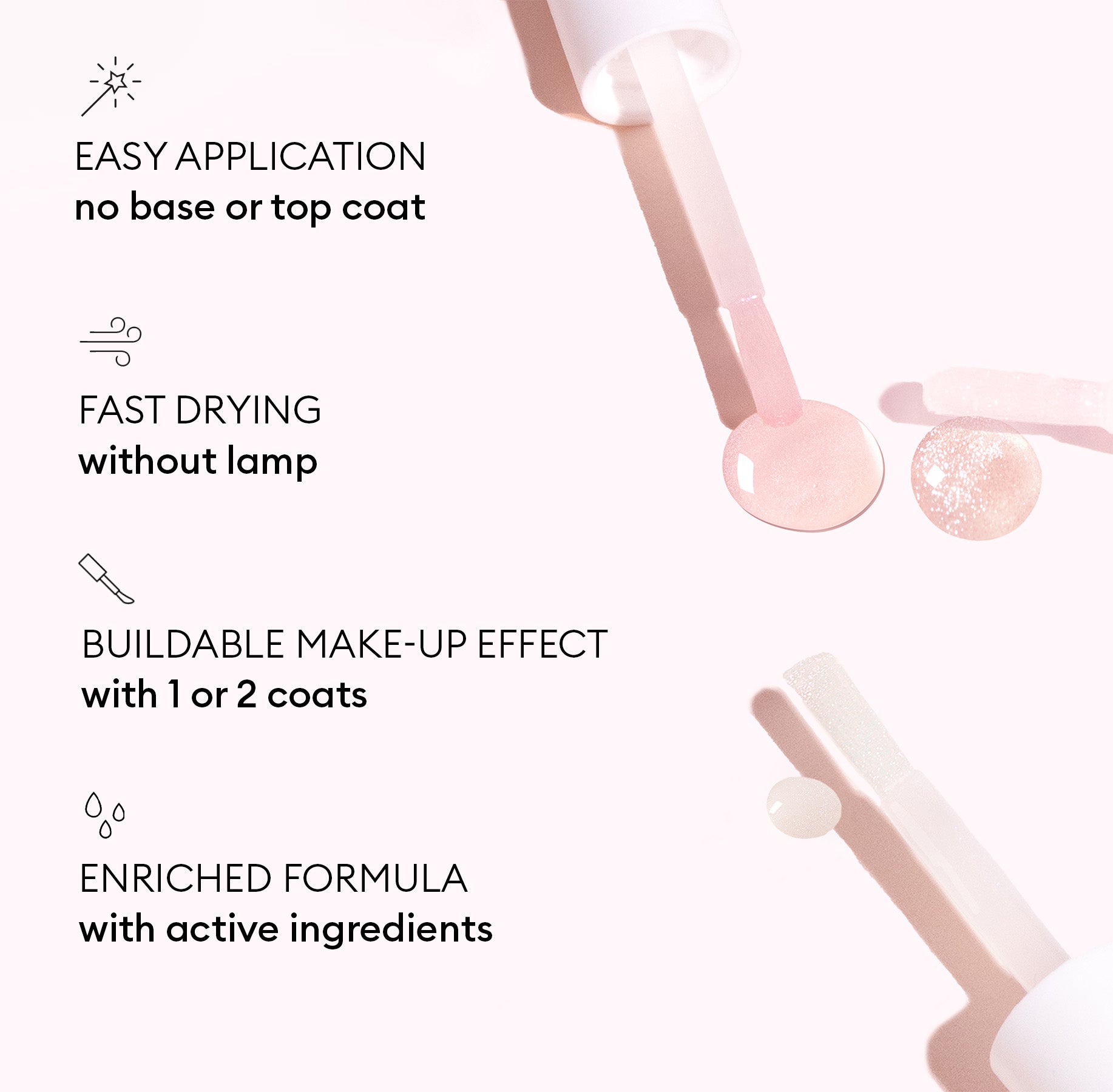 Open bottles of Manucurist Active™ Plump Aqua Glazed nail polish in pink and clear shades are displayed beside text highlighting features such as easy application, fast drying time, a buildable makeup effect, and an enriched formula with active ingredients that hydrate nails and deliver a radiant pearly finish.
