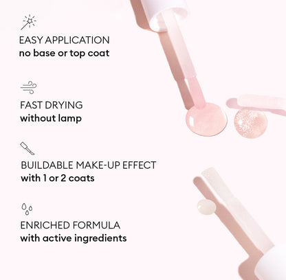 Open bottles of Manucurist Active™ Plump Aqua Glazed nail polish in pink and clear shades are displayed beside text highlighting features such as easy application, fast drying time, a buildable makeup effect, and an enriched formula with active ingredients that hydrate nails and deliver a radiant pearly finish.