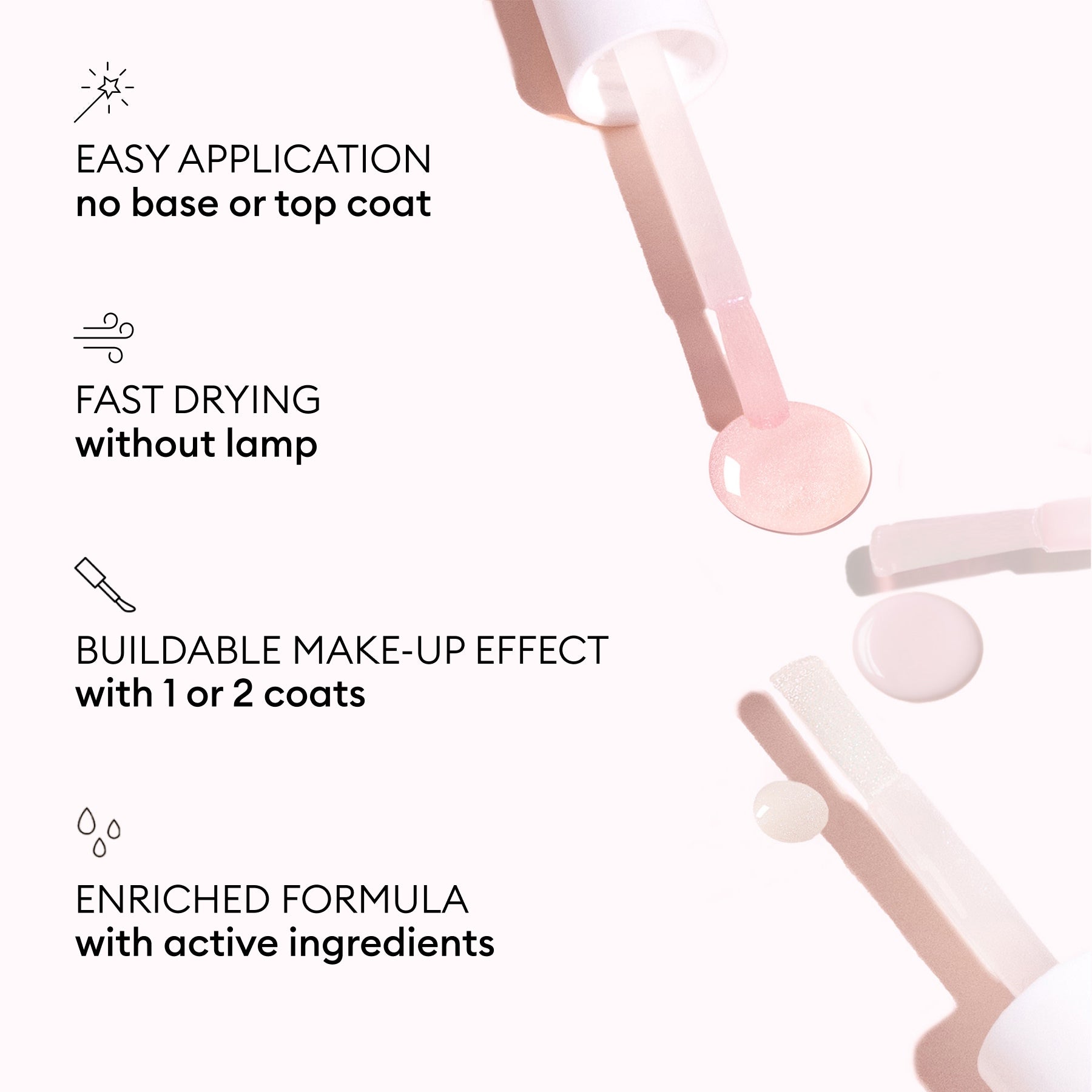 Open bottles of Manucurist Active Blur nail polish with brushes and pink shade are shown. Text highlights nail-blurring, enhancing care: easy application with no base/top coat, fast drying without a lamp, buildable in 1-2 coats, enriched with active ingredients.