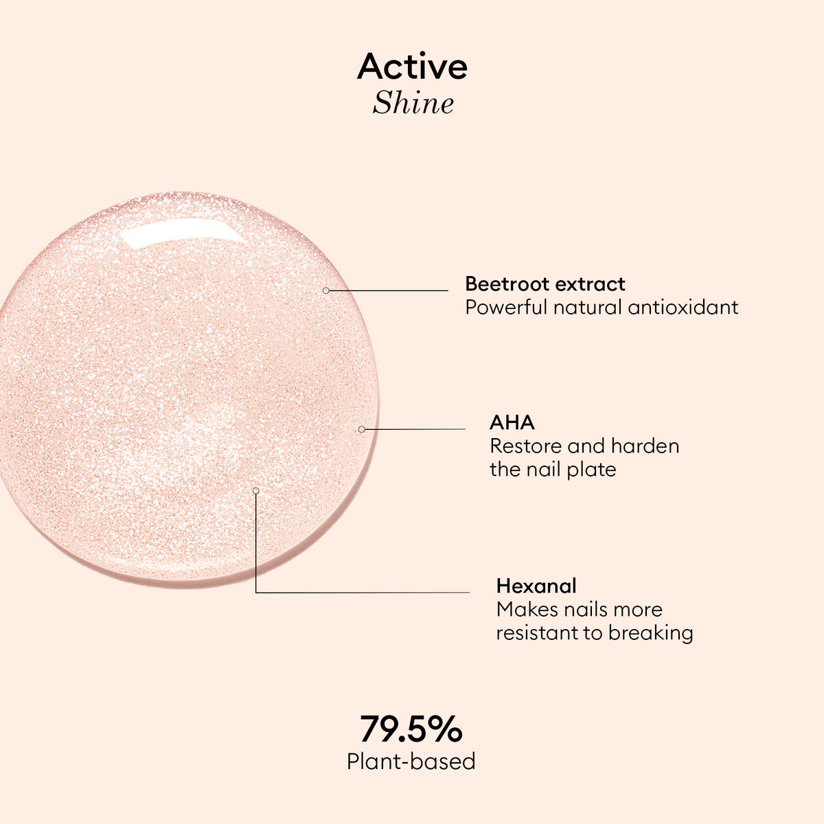 Introducing Manucurist Active™ Shine Opal—a shimmery, round drop enriched with beetroot extract (antioxidant), AHA (restores and hardens nails), and hexanal (strengthens nails). Showcasing excellence in nail care, this 79.5% plant-based polish is expertly formulated to strengthen your nails. Text at bottom: 79.5% Plant-based.