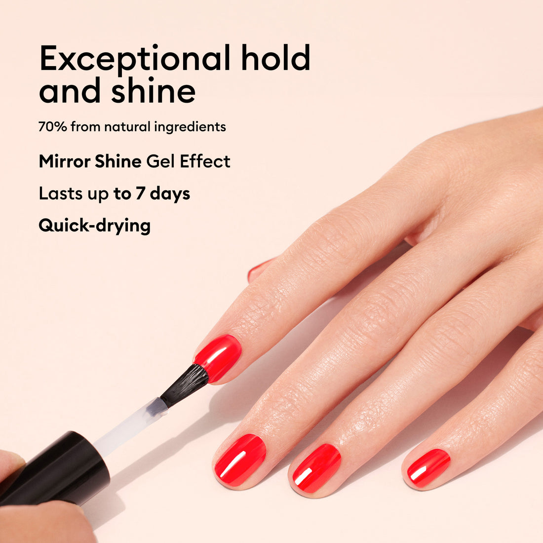 A hand applies Manucurist Sunshine Top Coat, showcasing its benefits: 70% natural ingredients, mirror-shine gel effect, exceptional hold, lasts up to 7 days, quick-drying, and a plant-based formula.