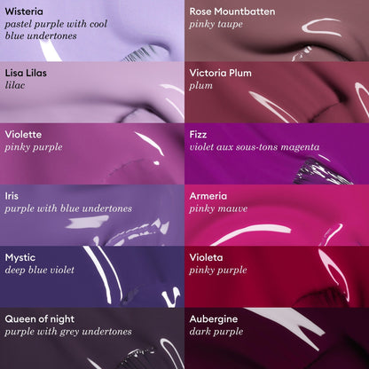 The Manucurist Queen of Night palette features ten purple nail polish shades—glossy pastel lilac, pinky mauve, bold dark violet—each labeled with unique names and descriptions. Perfect for Green Flash and violet gel polish fans.