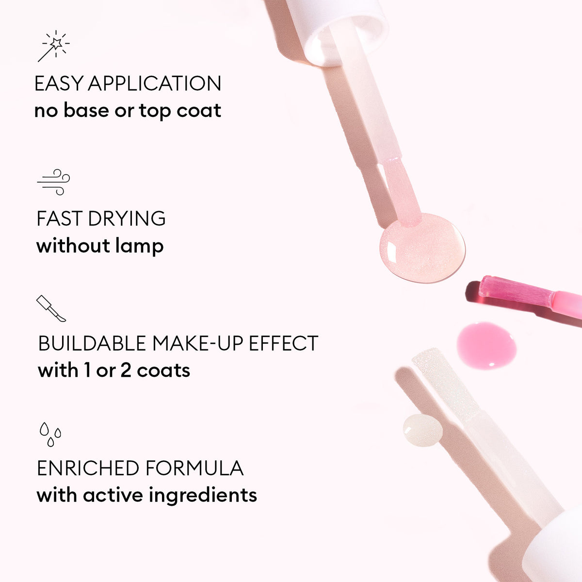 Open bottles and drops of light pink Manucurist Active Icons Trio nail polish on a white background. Text highlights: easy application, fast drying, buildable coverage, and an active care formula with key ingredients.