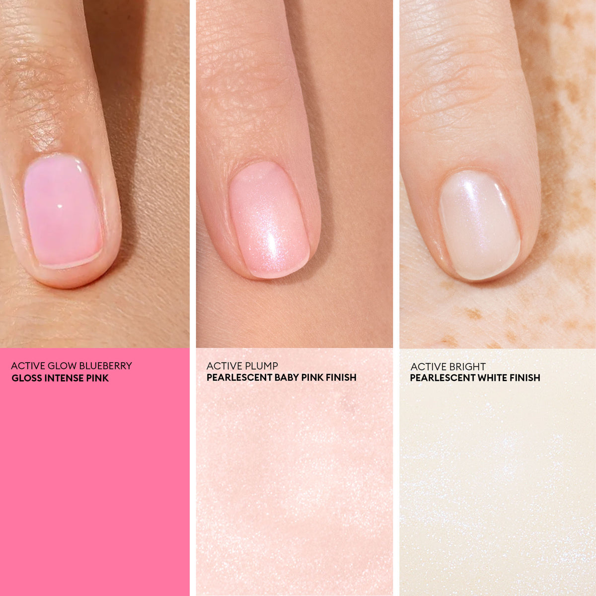 Three fingers each display a different finish—glossy intense pink, pearlescent baby pink, and pearlescent white—from the Manucurist Active Icons Trio. Swatches and shade names with finishes appear below each finger.