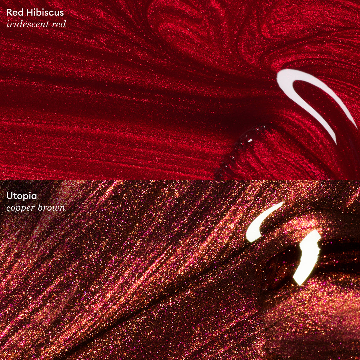 Close-up of two shimmering nail polish swatches: the top is a vibrant, sparkling metallic crimson gel; the bottom, Utopia by Manucurist, features a glittery, metallic copper-brown hue.