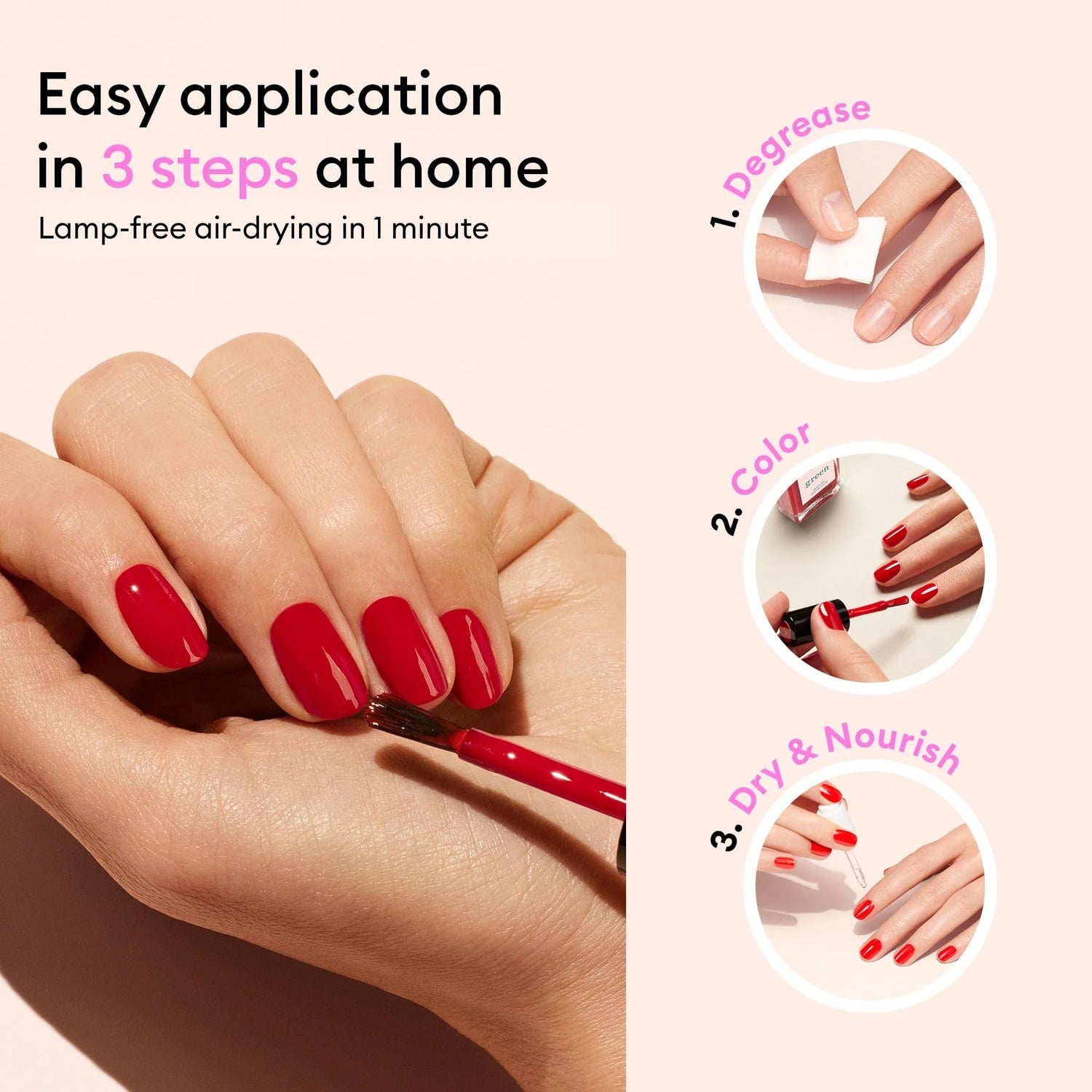 A hand with Manucurist Pink Paradise nail polish being applied. Steps: 1) Degrease nails, 2) Apply color, 3) Dry  nourish. Easy application in 3 steps at home. Lamp-free air-drying in 1 minute. Green range formula.