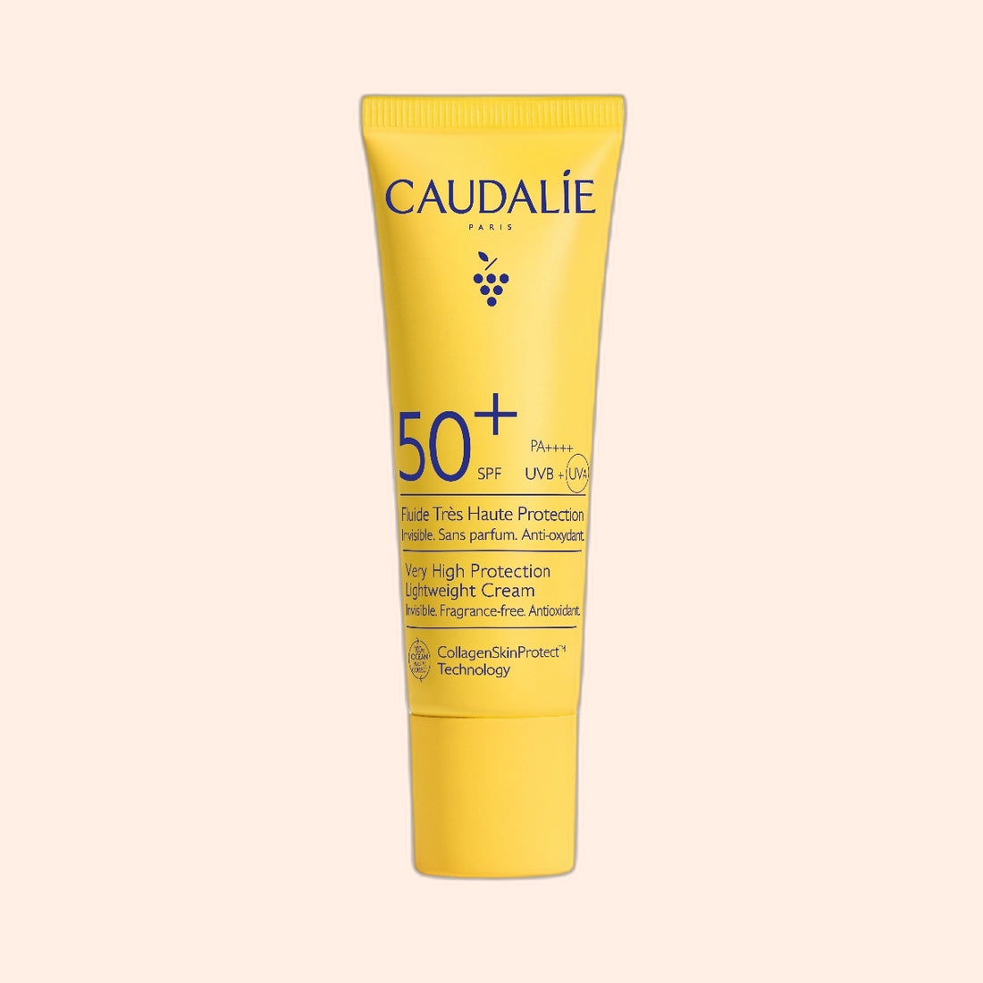 A yellow tube of Manucurist SPF50+ Sun Fluid 20ml with UVA/UVB protection, Collagen Skin Protect Technology, and a white cap.