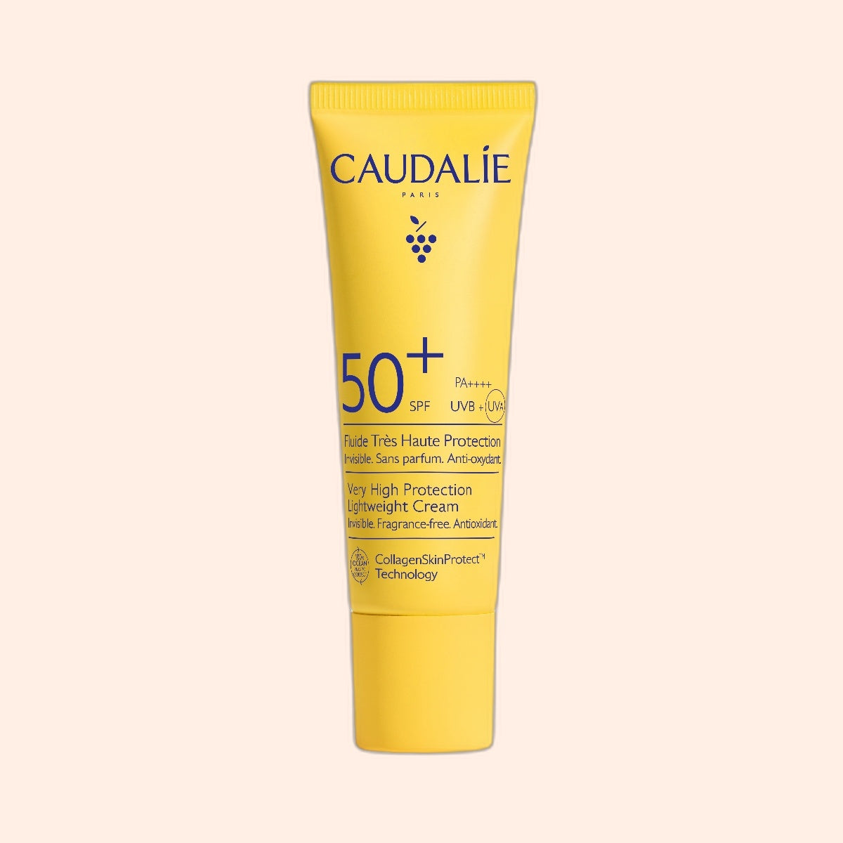 A yellow tube of Manucurist SPF50+ Sun Fluid 20ml with UVA/UVB protection, Collagen Skin Protect Technology, and a white cap.