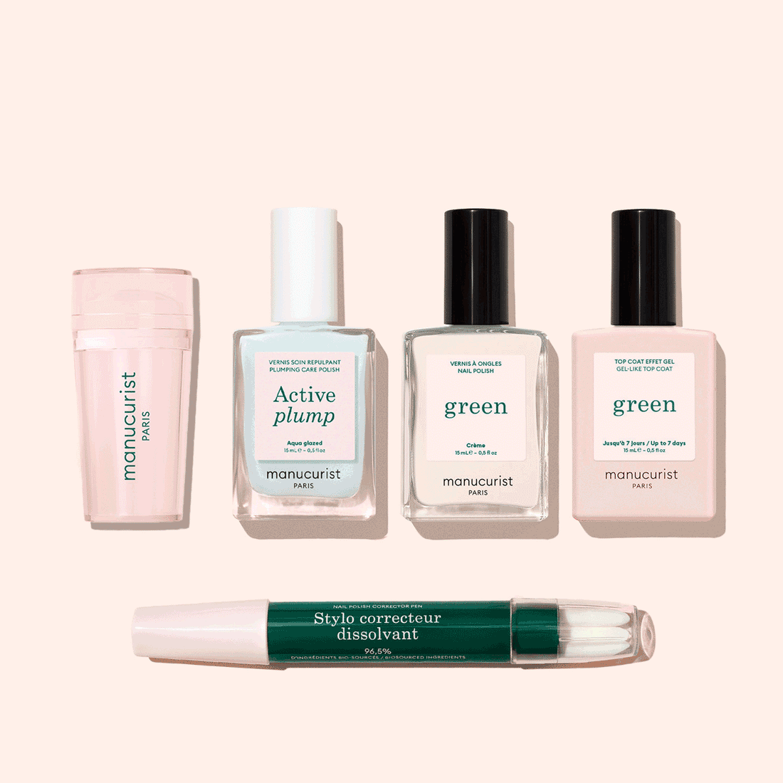 The Manucurist French Active™ Kit includes a pink Mani stamper, “Active blur,” two “green” polishes, and a “Stylo correcteur dissolvant” pen—everything you need for flawless French tips.