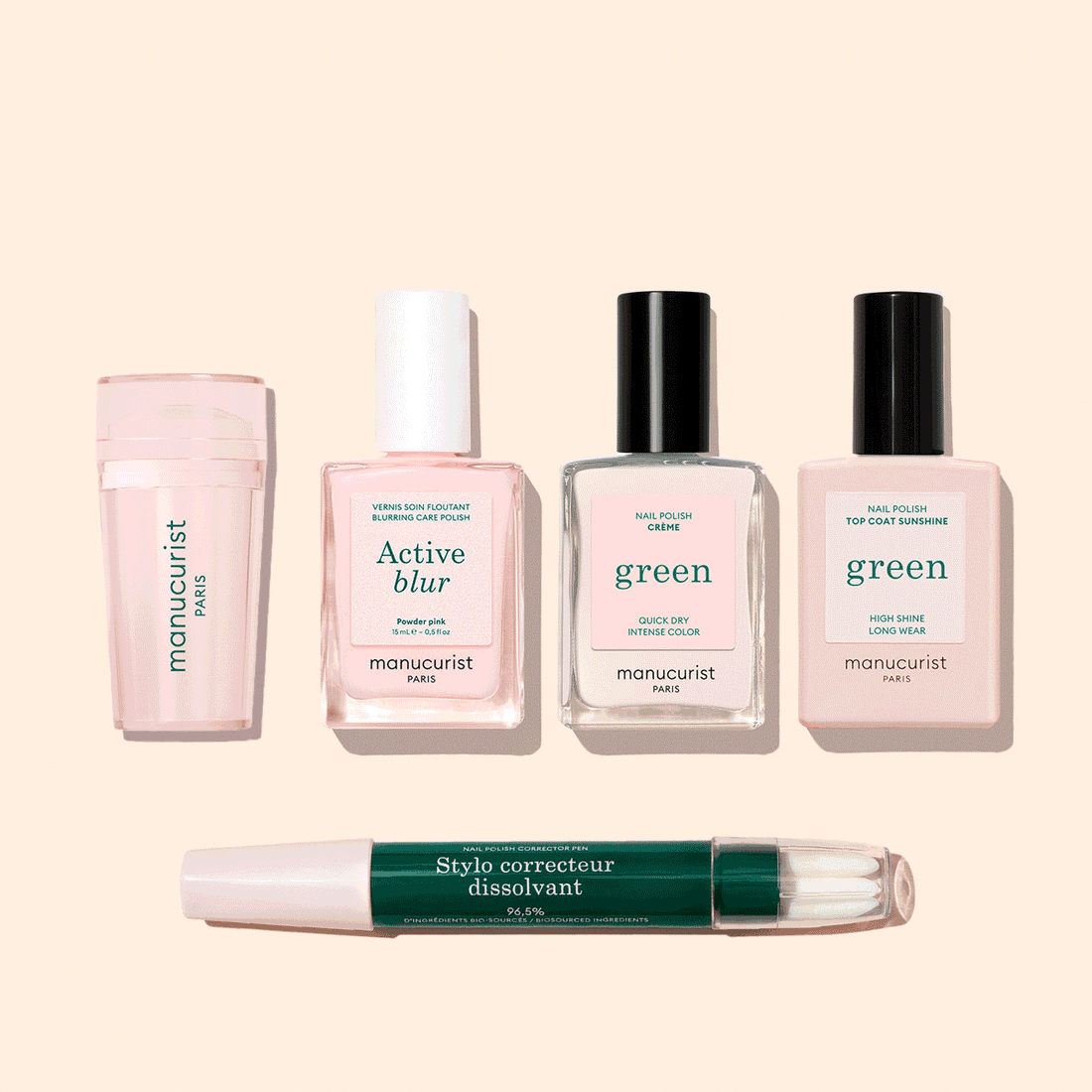 The Manucurist French Active™ Kit includes a pink Mani stamper, “Active blur,” two “green” polishes, and a “Stylo correcteur dissolvant” pen—everything you need for flawless French tips.