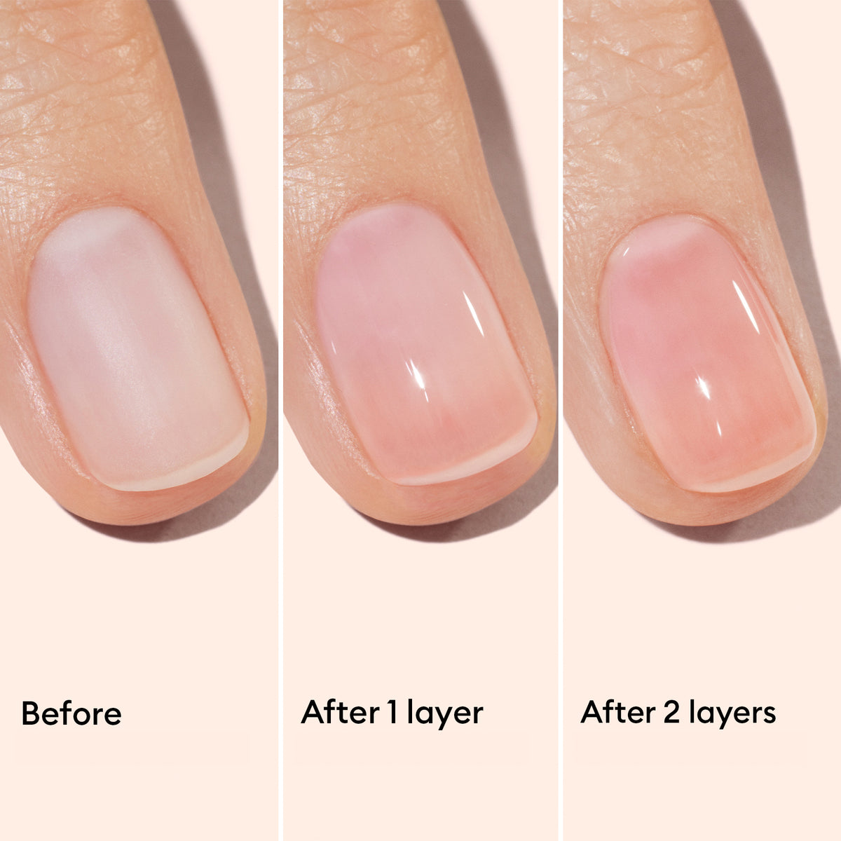 A close-up of a fingernail in three stages: bare, with one layer, and two layers of Manucurist’s Healthy Glow Duo—ideal for highlighting your nail care routine.