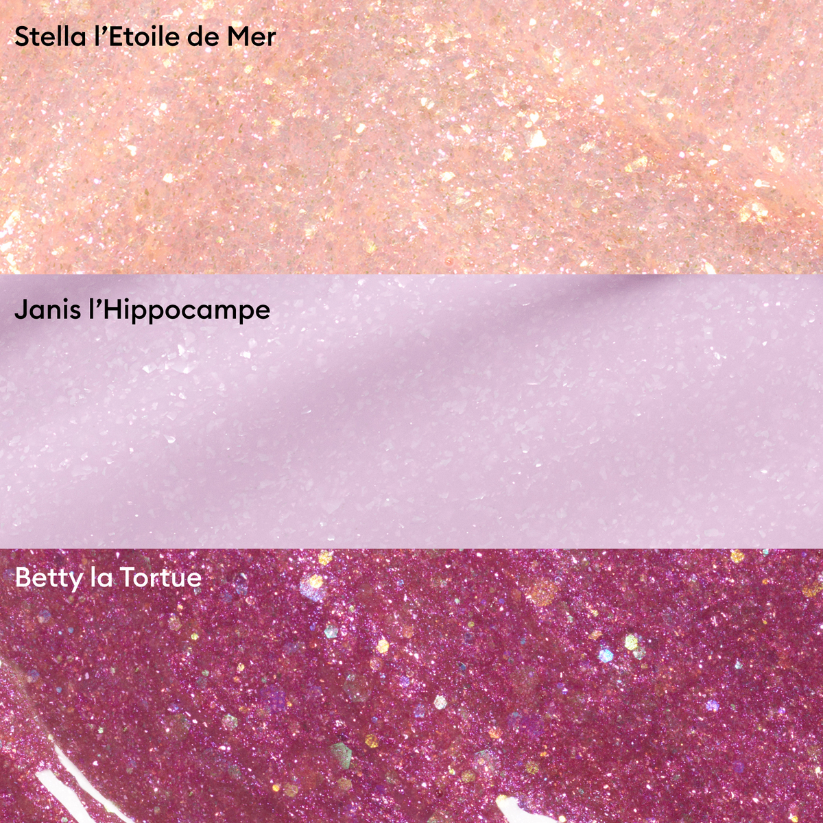 The Petite Manucurist Trio by Manucurist includes three glittery nail polishes: Stella l’Etoile de Mer (pale peach), Janis l’Hippocampe (light lavender), and Betty la Tortue (deep mauve) for sparkling nails.