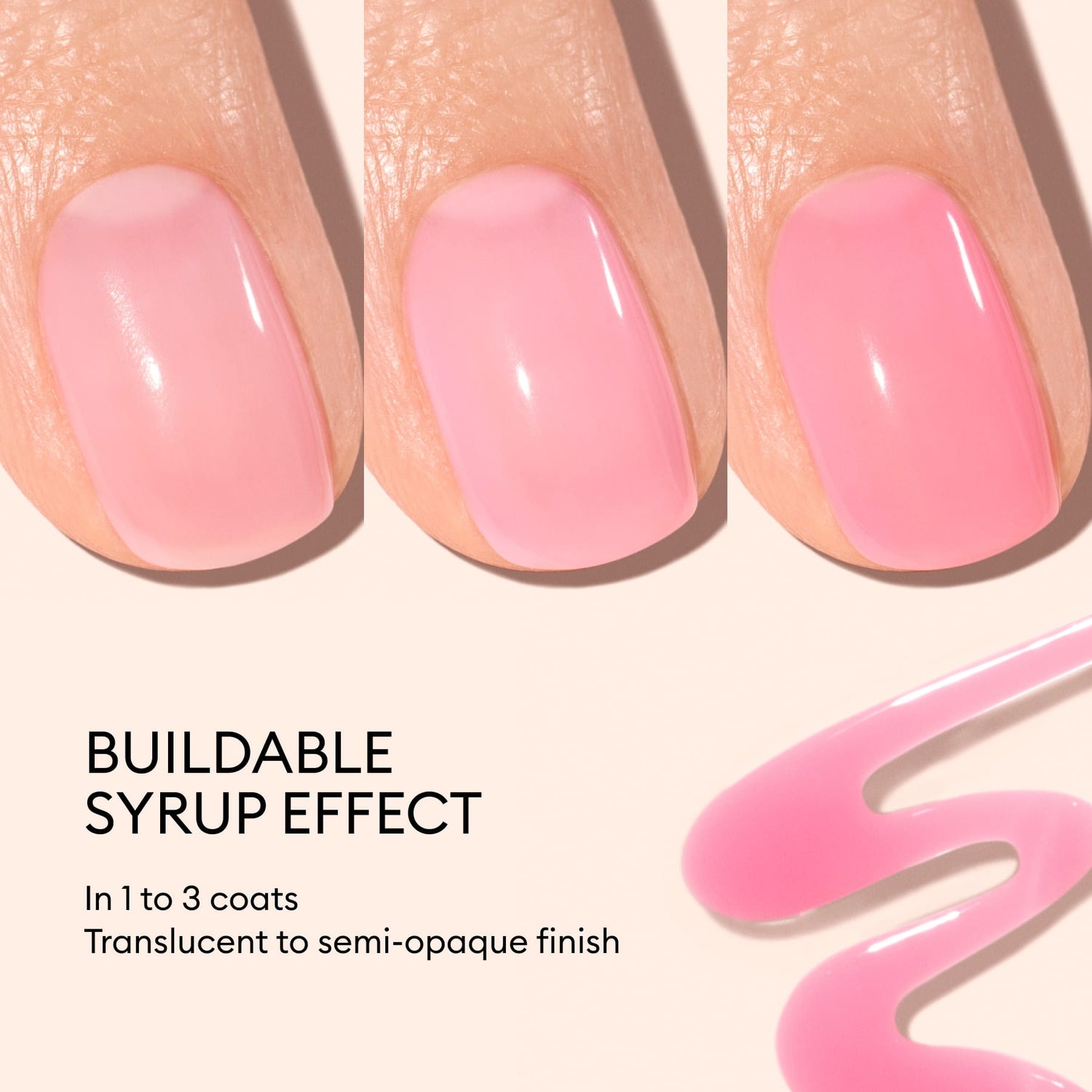 Three nails painted with Manucurist Pink Sorbet Jelly polish in 1–3 coats, from sheer to semi-opaque. Buildable syrup effect for an ultra-glossy, jelly manicure look.