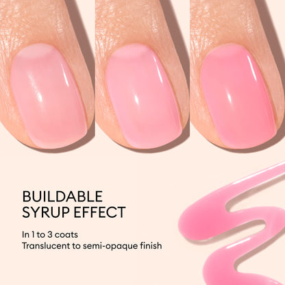 Three nails painted with Manucurist Pink Sorbet Jelly polish in 1–3 coats, from sheer to semi-opaque. Buildable syrup effect for an ultra-glossy, jelly manicure look.
