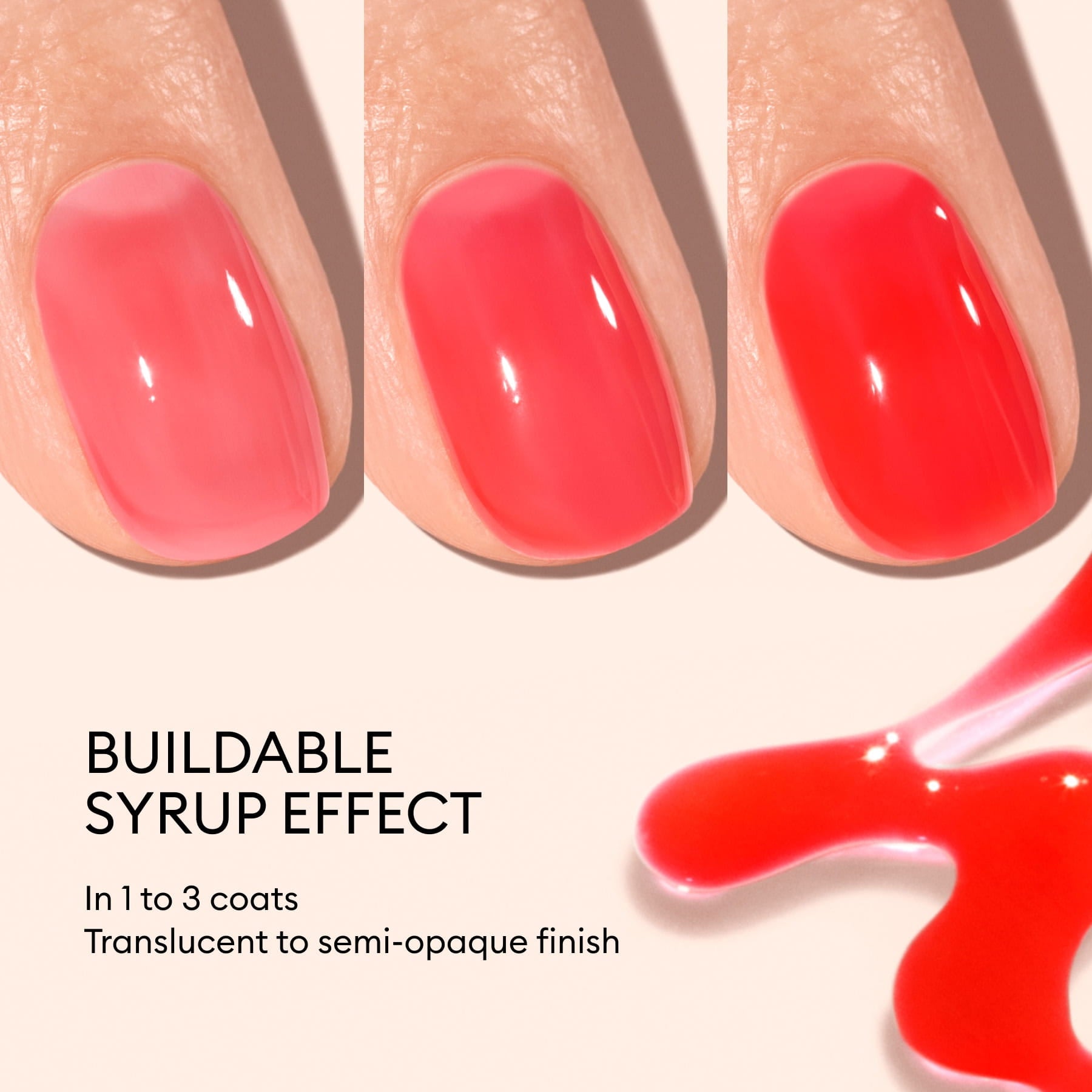 Three fingernails display Manucurist Twizzle, a pink jelly polish, with 1 to 3 coats for a buildable syrup effect from translucent to semi-opaque. Text: “Buildable syrup effect. In 1 to 3 coats.” Spilled polish appears in the corner.