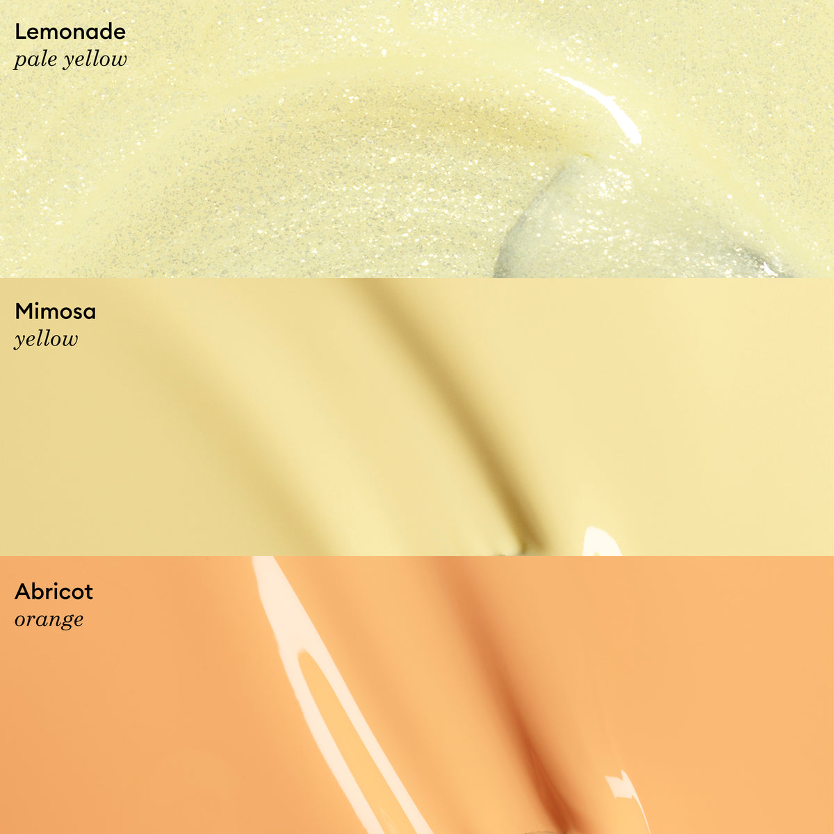 Three horizontal strips show shades of Manucurist polish: pale yellow "Lemonade," yellow "Mimosa," and pastel orange "Abricot"—each with a smooth, glossy gel-like finish.