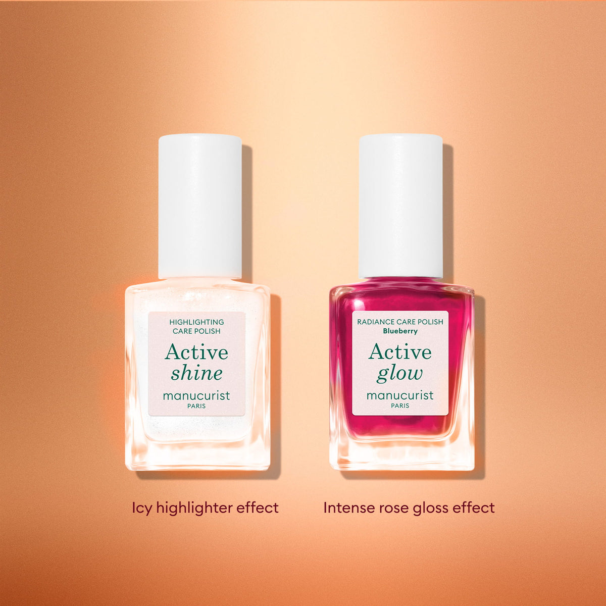 Two travel-size Manucurist nail polish bottles are displayed on a soft orange gradient background. On the left is Active™ Shine (clear), and on the right is Active™ Glow (pink). Text below reads: Achieve an icy highlighter effect or an intense rose gloss—perfect for elevating your nail care routine or adding a sparkling touch to any holiday gift set with the Active™ Travel-Size Duo.