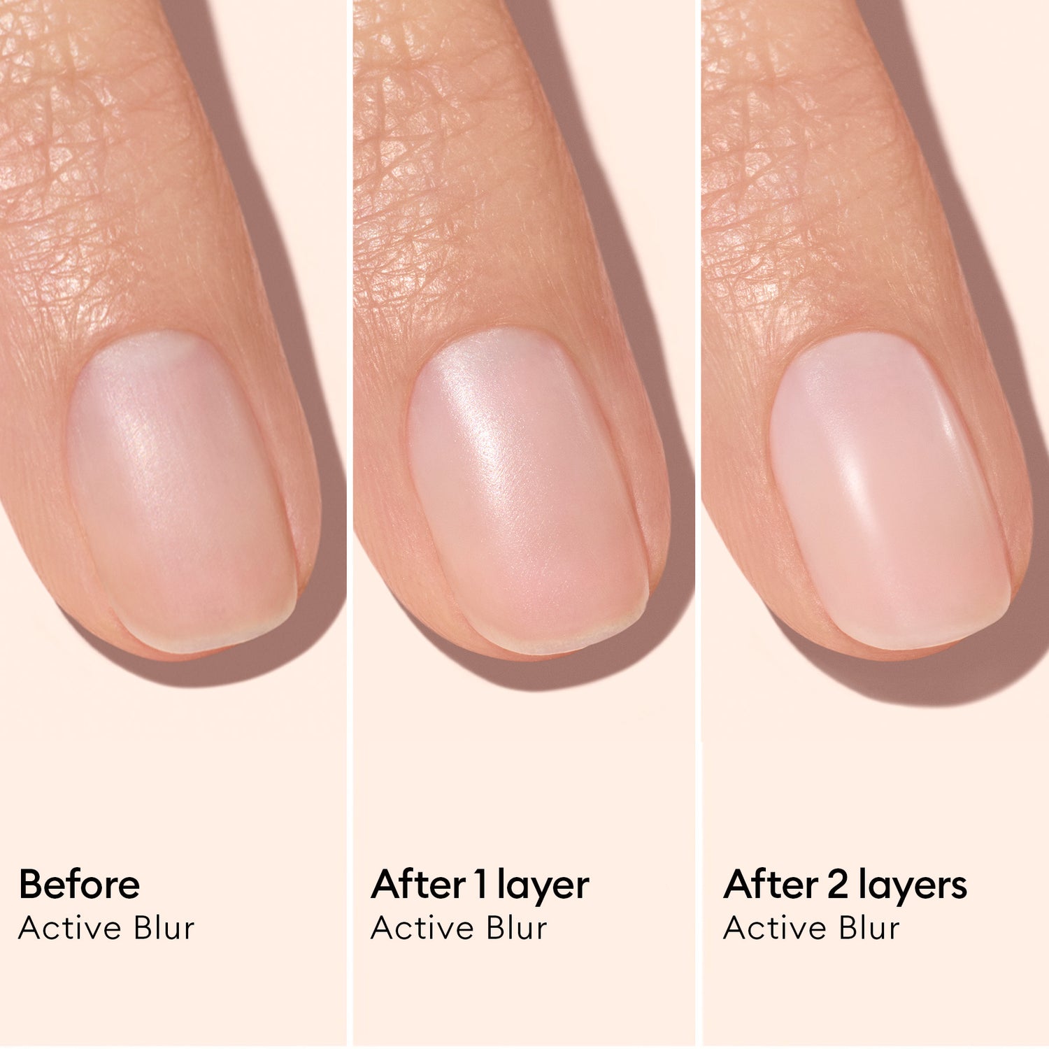 Three close-up images of a fingernail: a bare nail labeled Before, a nail with a light sheen labeled After 1 layer, and a slightly shinier nail labeled After 2 layers—all using Manucurist Active™ Blur. This innovative polish acts as both a nail strengthener and an instant perfector for flawless-looking nails.