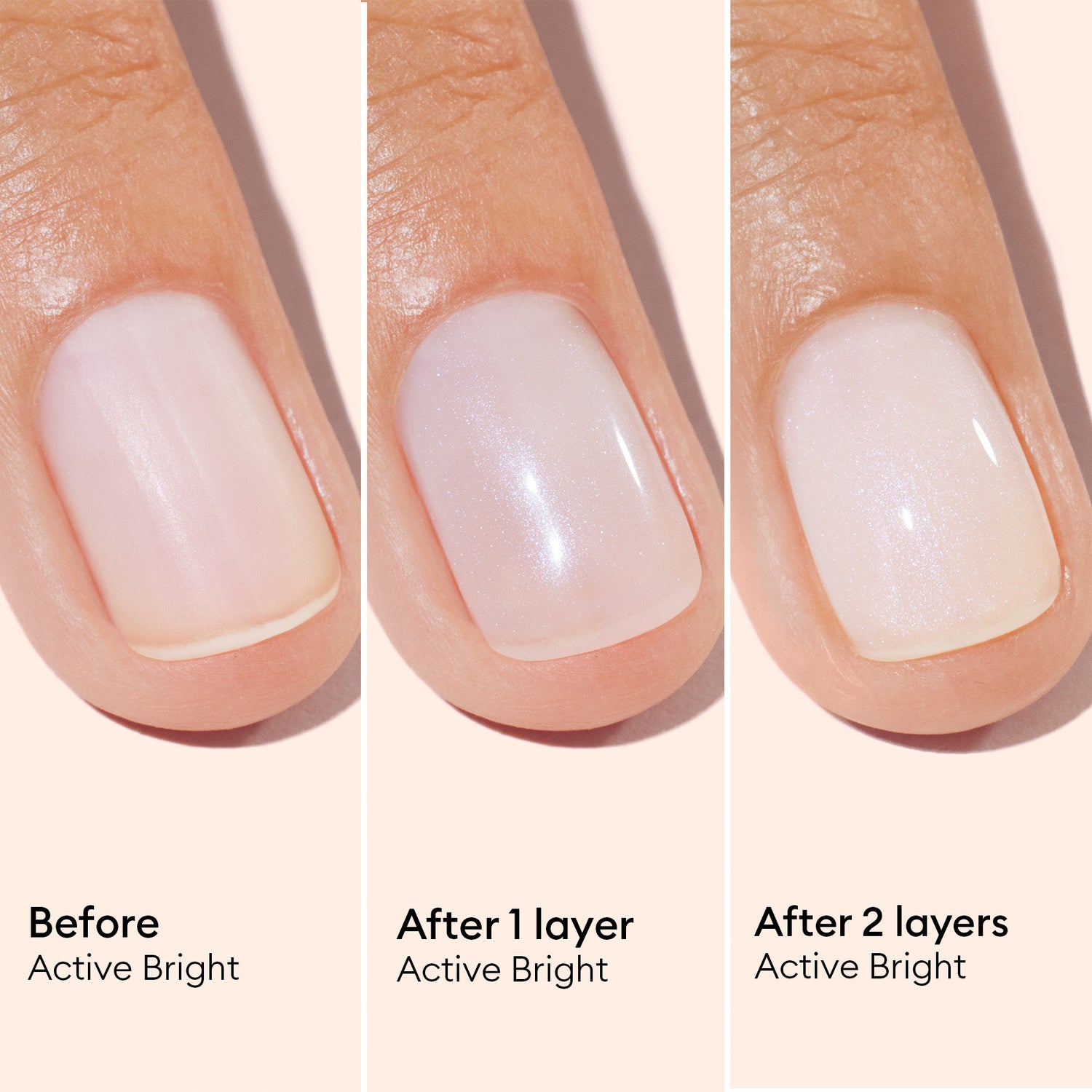 Close-up of a fingernail shown in three stages: bare, after one coat of Manucurist Active™ Bright, and after two coats—with each stage displaying more opacity and shine. This nail care routine demonstrates the transformative effect of Active™ Bright’s shimmery, bio-based formula, which also gently strengthens nails. Labels: Before, After 1 Coat, After 2 Coats (Active™ Bright).