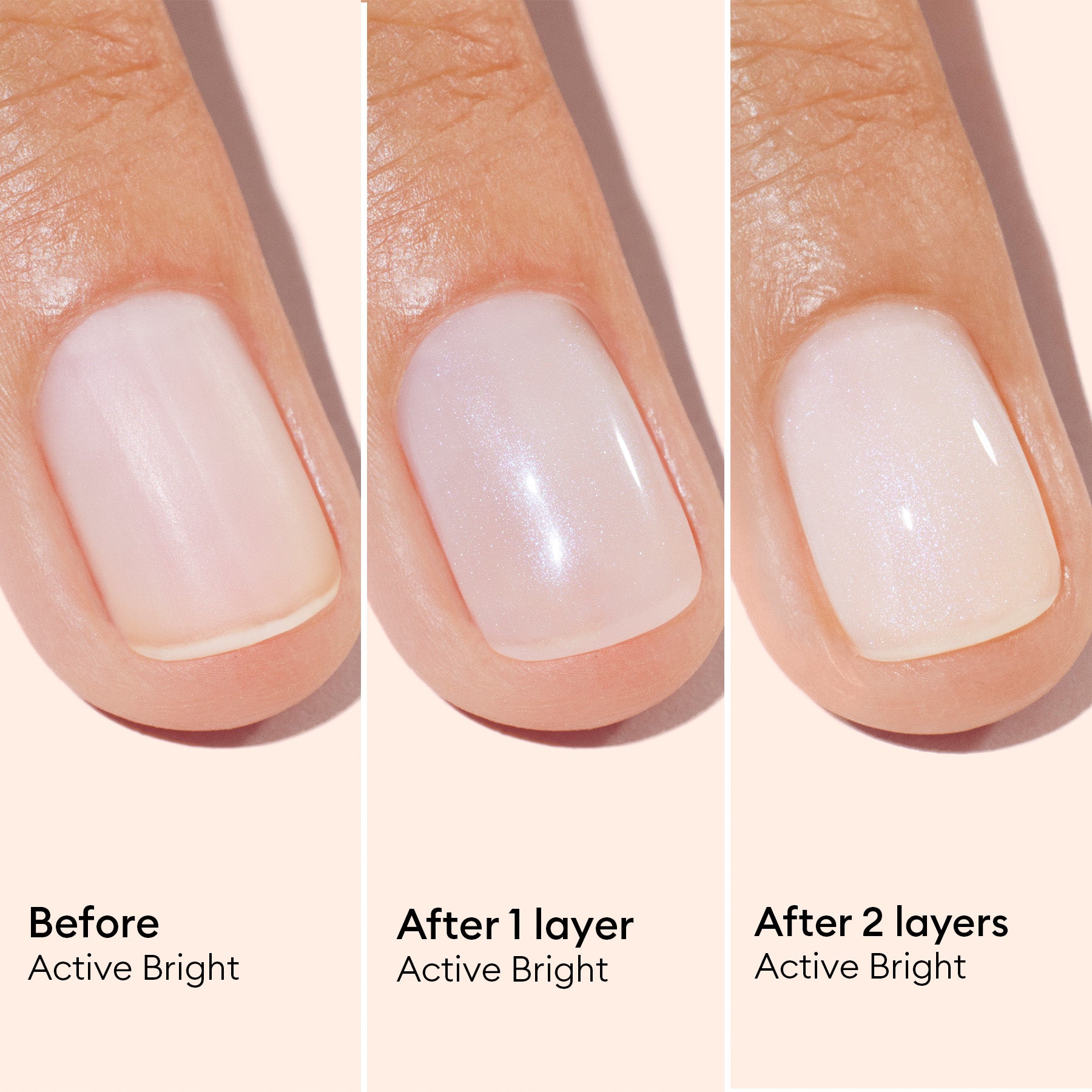 Close-up of a fingernail shown in three stages: bare, after one coat of Manucurist Active™ Bright, and after two coats—with each stage displaying more opacity and shine. This nail care routine demonstrates the transformative effect of Active™ Bright’s shimmery, bio-based formula, which also gently strengthens nails. Labels: Before, After 1 Coat, After 2 Coats (Active™ Bright).