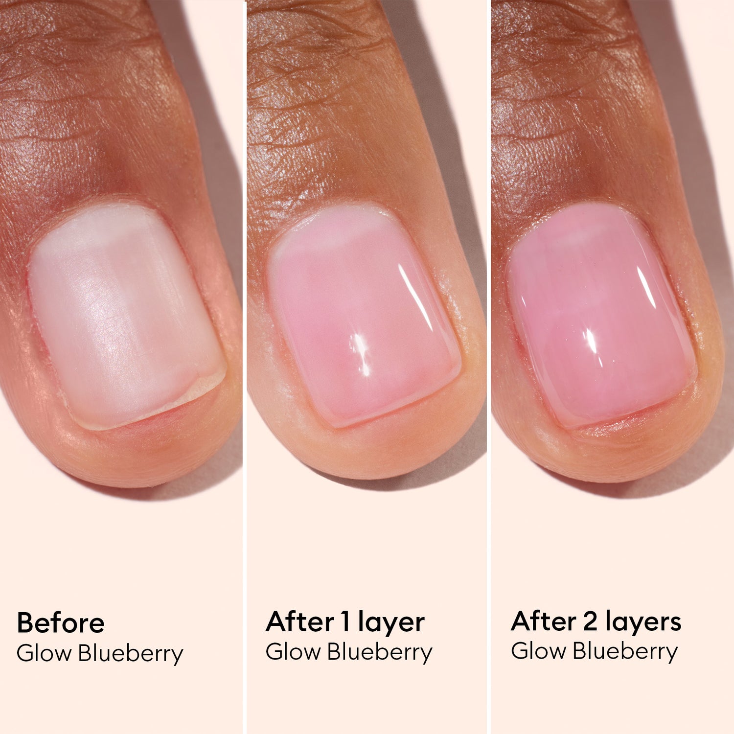 Three close-up images of a thumbnail demonstrate the application of Manucurist’s Active™ Glow Blueberry: from a bare nail, to one coat of the sheer pinkish-blue polish, to two layers that become increasingly opaque and glossy. Text highlights each stage, underscoring how regular nail care with Active™ Glow Blueberry delivers lasting radiance and shine.