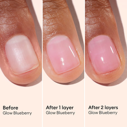 Three close-up images of a thumbnail demonstrate the application of Manucurist’s Active™ Glow Blueberry: from a bare nail, to one coat of the sheer pinkish-blue polish, to two layers that become increasingly opaque and glossy. Text highlights each stage, underscoring how regular nail care with Active™ Glow Blueberry delivers lasting radiance and shine.