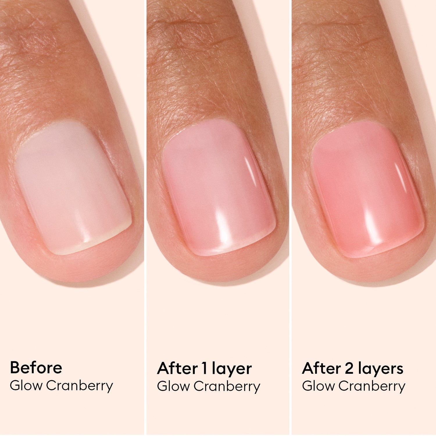 Three close-up images display a fingernail before application, after one layer, and after two layers of Manucurist Active™ Glow Cranberry polish, gradually transforming from natural to a glossy pink shade. Each stage is clearly labeled, and the plant-based formula supports healthy nail care throughout your coral gloss manicure.