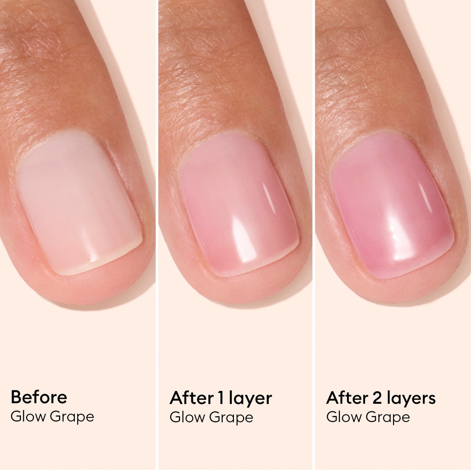 A close-up of a fingernail is shown before polish, after one layer of Manucurist Active™ Glow Grape, and after two layers—demonstrating how each coat enhances color intensity and a natural, healthy shine. This polish is an ideal choice for anyone seeking both vibrant color and expert nail care.