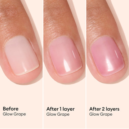 A close-up of a fingernail is shown before polish, after one layer of Manucurist Active™ Glow Grape, and after two layers—demonstrating how each coat enhances color intensity and a natural, healthy shine. This polish is an ideal choice for anyone seeking both vibrant color and expert nail care.