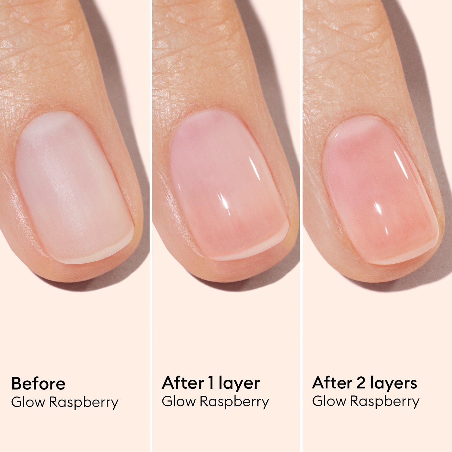 Three close-up images display a fingernail before application, after one coat, and after two coats of Manucurist Active™ Glow Raspberry. With each layer of this nail enhancer, the nail appears increasingly glossy and pink, accentuating its natural radiance.