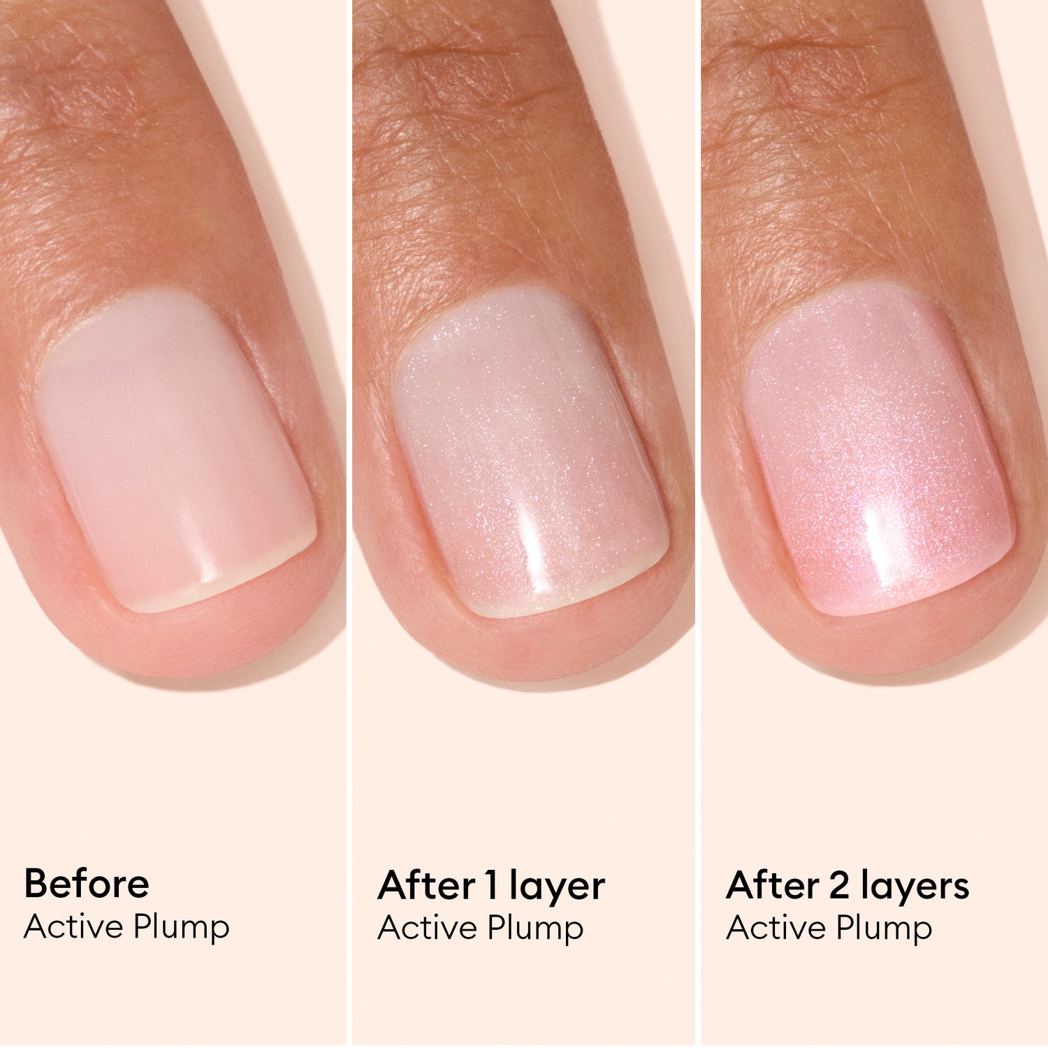 Three close-up images of a fingernail display its transformation: the bare nail (before), the nail with one sheer, shimmery layer, and the nail with two layers of Manucurist’s Active™ Plump Pink Glazed. This plant-based nail care formula promotes hydrated nails while providing a natural, radiant shine.