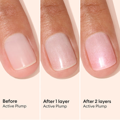 Three close-up images of a fingernail display its transformation: the bare nail (before), the nail with one sheer, shimmery layer, and the nail with two layers of Manucurist’s Active™ Plump Pink Glazed. This plant-based nail care formula promotes hydrated nails while providing a natural, radiant shine.