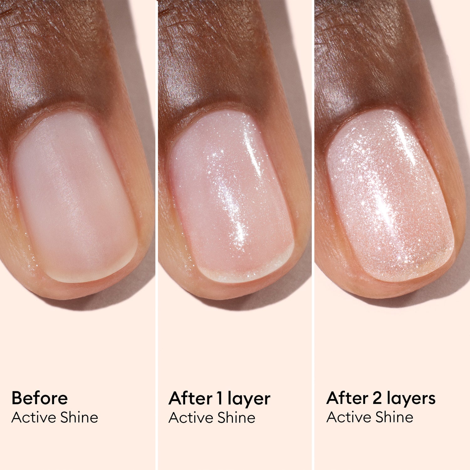 Three close-up images of a fingernail demonstrate the transformation with Manucurist Active™ Shine: before applying the polish, after one layer (a sheer pink with shimmer), and after two layers (increased opacity and shine). This plant-based nail polish is ideal for anyone seeking to boost their nail care routine while adding gorgeous color.