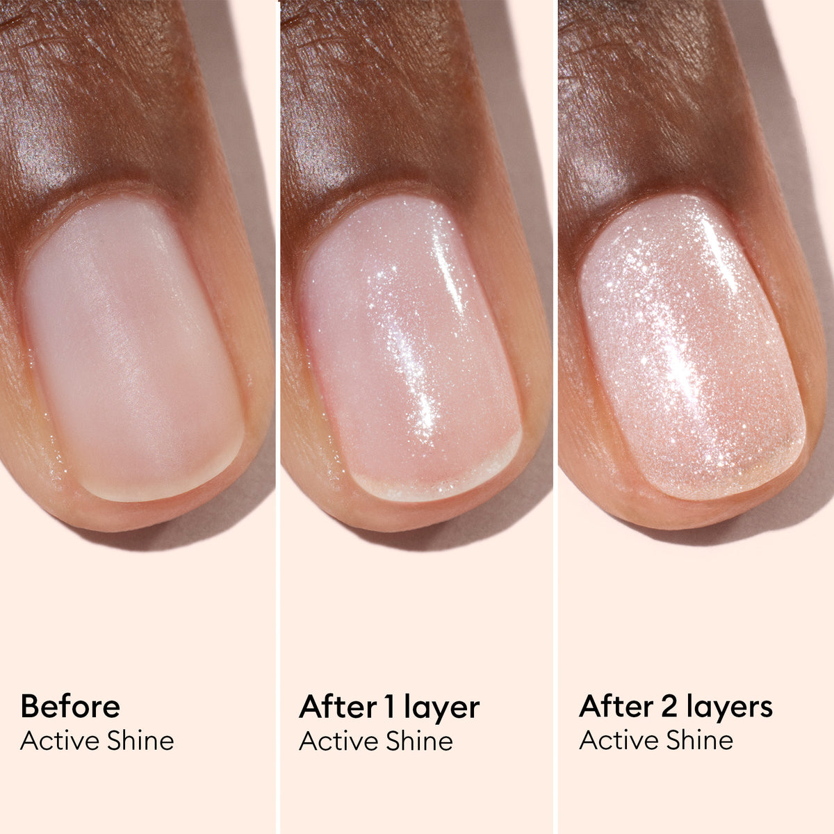 Three close-up images of a fingernail show the progression of applying Manucurist Active™ Shine Opal: a bare nail, one shimmery pink layer, and two shimmery pink layers, labeled Before, After 1 layer, and After 2 layers.