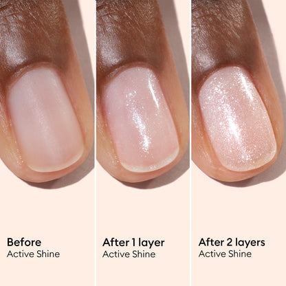 Three close-up images of a fingernail demonstrate the transformation with Manucurist Active™ Shine: before applying the polish, after one layer (a sheer pink with shimmer), and after two layers (increased opacity and shine). This plant-based nail polish is ideal for anyone seeking to boost their nail care routine while adding gorgeous color.
