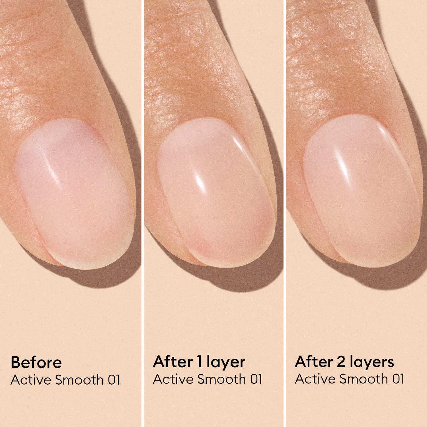 Three close-up images of a fingernail show its appearance before polish, after one layer, and after two layers of Manucurist Active™ Smooth 01. These images highlight the benefits of this advanced nail care treatment, demonstrating increased shine and smoothness with each additional layer.
