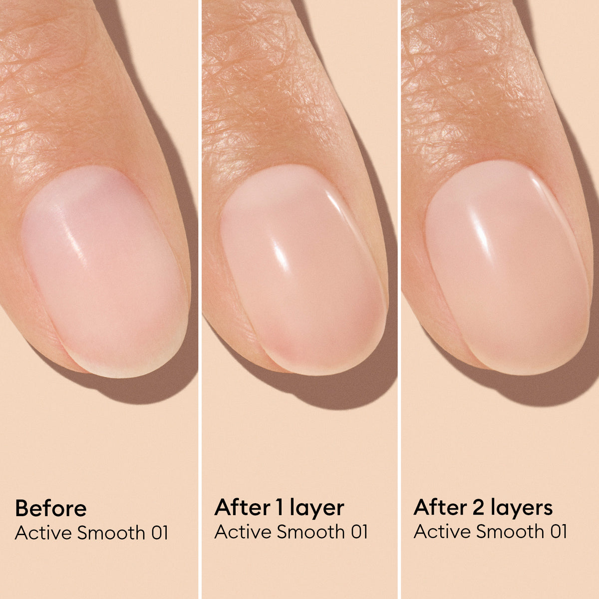 Three close-up images of a fingernail show its appearance before polish, after one layer, and after two layers of Manucurist Active™ Smooth 01. These images highlight the benefits of this advanced nail care treatment, demonstrating increased shine and smoothness with each additional layer.