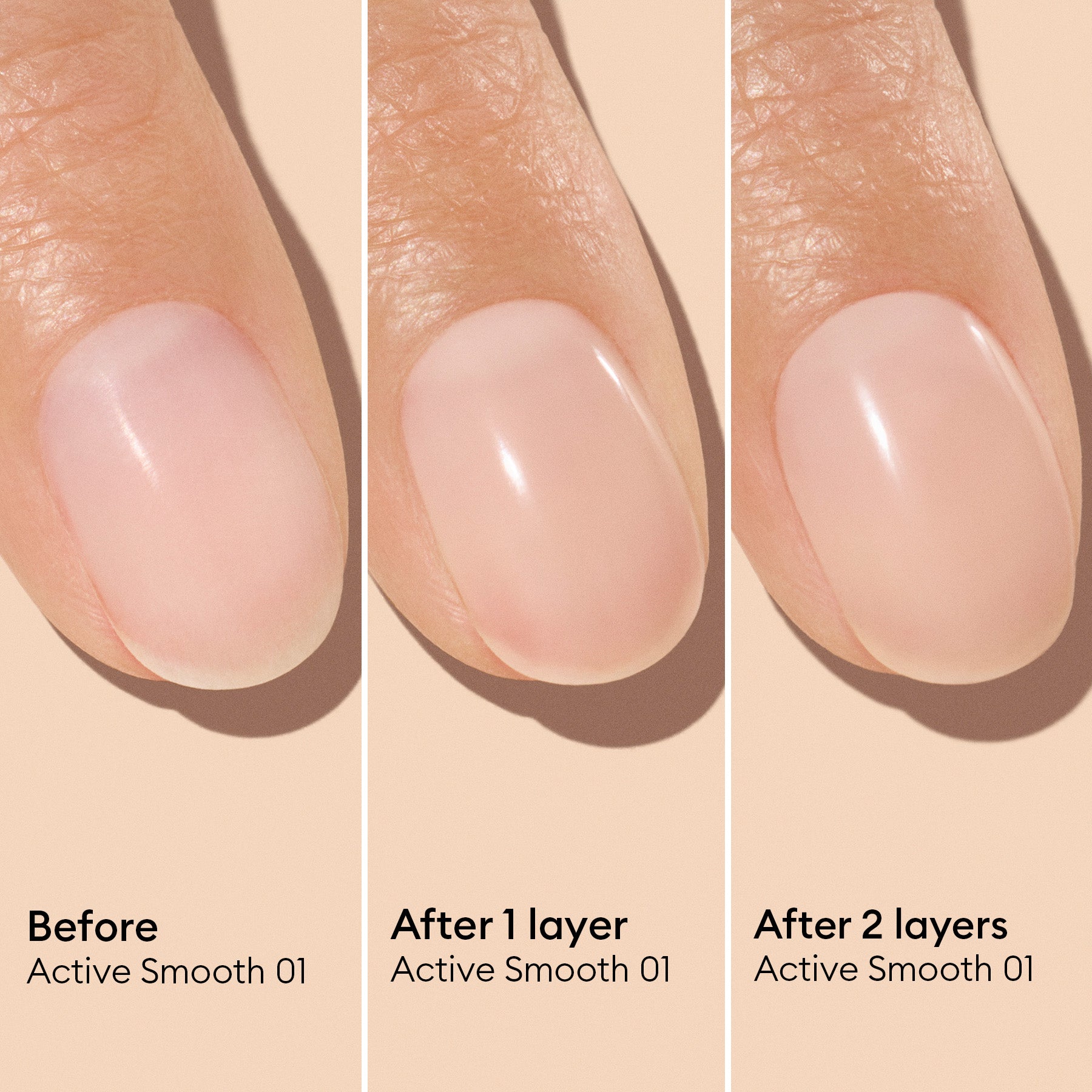 Three close-up images of a fingernail show its appearance before polish, after one layer, and after two layers of Manucurist Active™ Smooth 01. These images highlight the benefits of this advanced nail care treatment, demonstrating increased shine and smoothness with each additional layer.