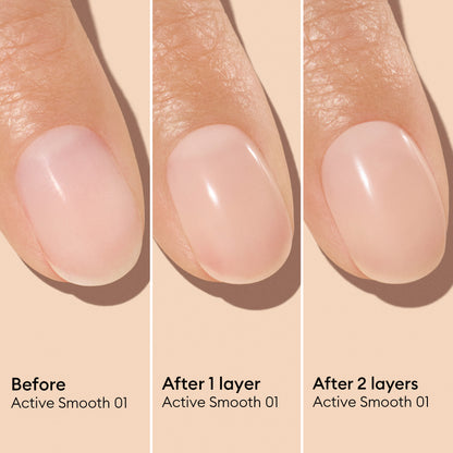 Three close-up images of a fingernail show its appearance before polish, after one layer, and after two layers of Manucurist Active™ Smooth 01. These images highlight the benefits of this advanced nail care treatment, demonstrating increased shine and smoothness with each additional layer.
