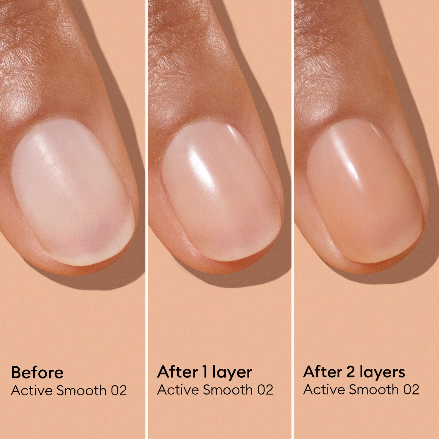 Three panels show a fingernail before, after 1 layer, and after 2 layers of Manucurist Active™ Smooth 02. This nail-perfecting treatment visibly transforms the nail, delivering a shinier finish and a more even tone with each layer for effortless care.