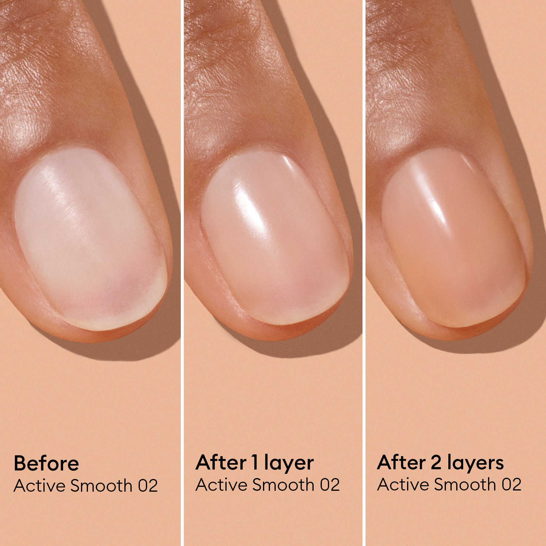 Three panels show a fingernail before, after 1 layer, and after 2 layers of Manucurist Active™ Smooth 02. This nail-perfecting treatment visibly transforms the nail, delivering a shinier finish and a more even tone with each layer for effortless care.