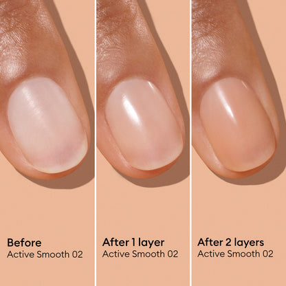 Three panels show a fingernail before, after 1 layer, and after 2 layers of Manucurist Active™ Smooth 02. This nail-perfecting treatment visibly transforms the nail, delivering a shinier finish and a more even tone with each layer for effortless care.