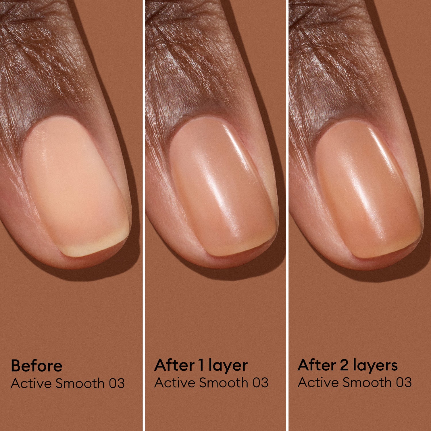 Three close-up images of a fingernail display the progression of nail polish: starting with a bare nail, followed by one coat, and then two coats of Manucurist Active™ Smooth 03. With each layer, the color becomes increasingly opaque, showcasing the polish’s refined bronze satin finish and its commitment to advanced nail care.